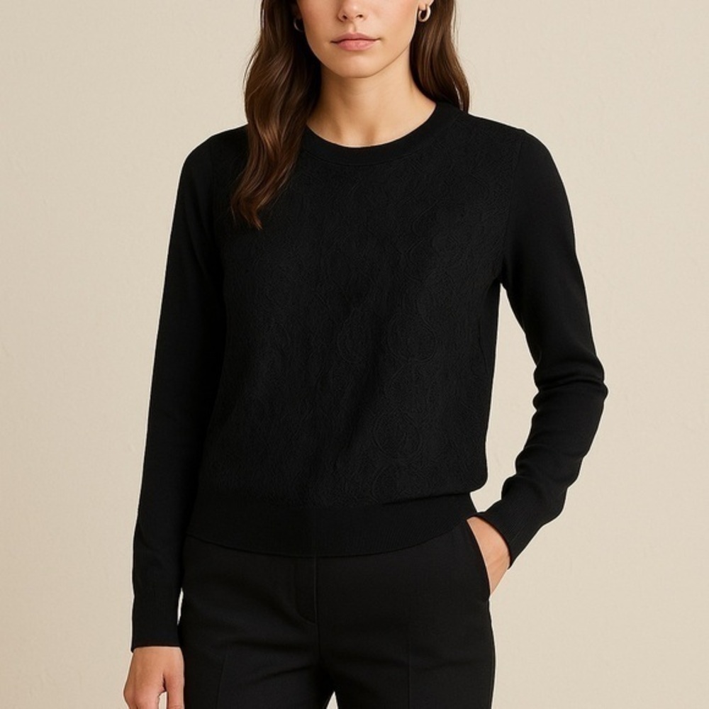 Equipment black wool and silk lace overlay sweater